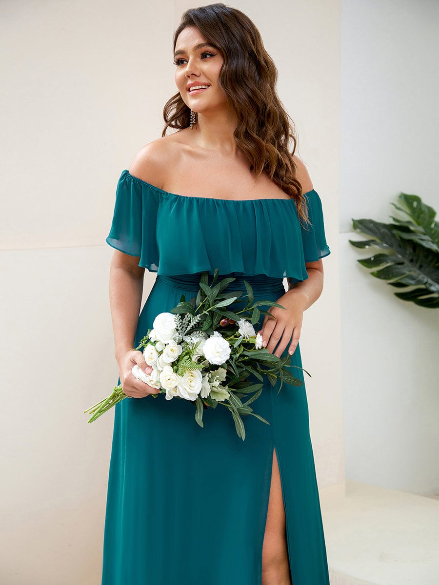 Off the Shoulder Ruffle Bodice Long Flowy Chiffon Bridesmaid Dress #color_Teal