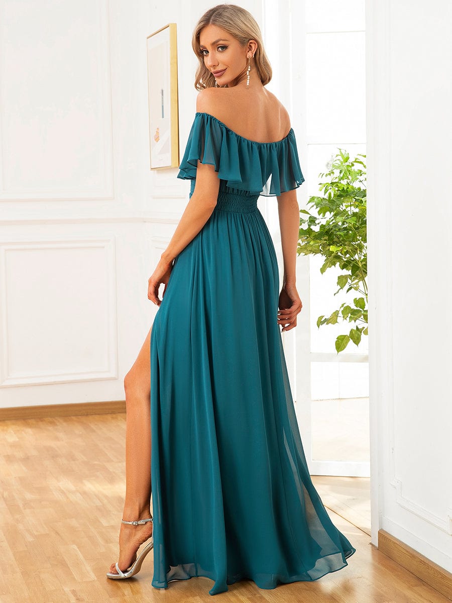 Off the Shoulder Ruffle Bodice Long Flowy Chiffon Bridesmaid Dress #color_Teal