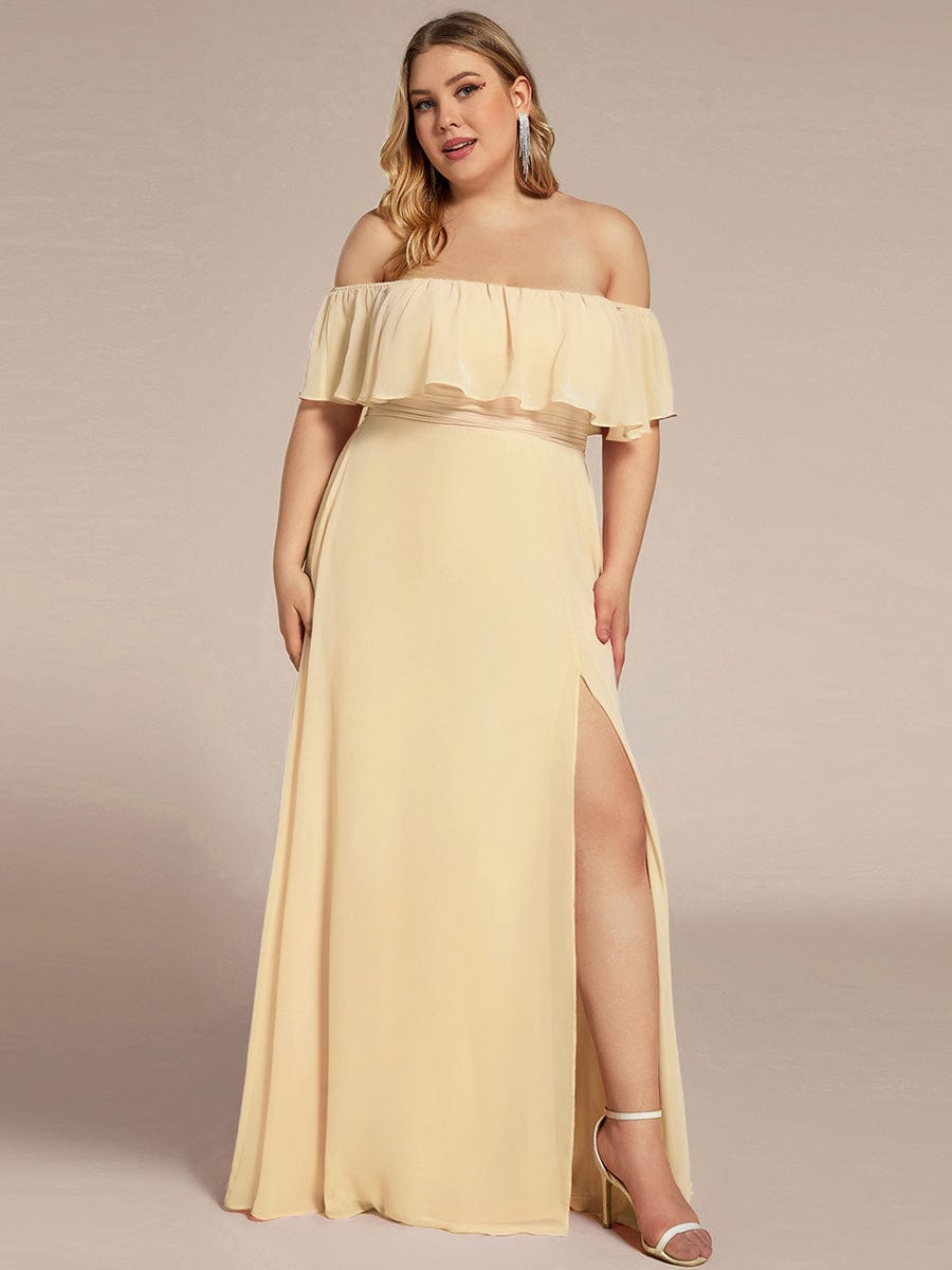 Plus Size Off the Shoulder Formal Bridesmaid Dress with Thigh Split #color_Yellow