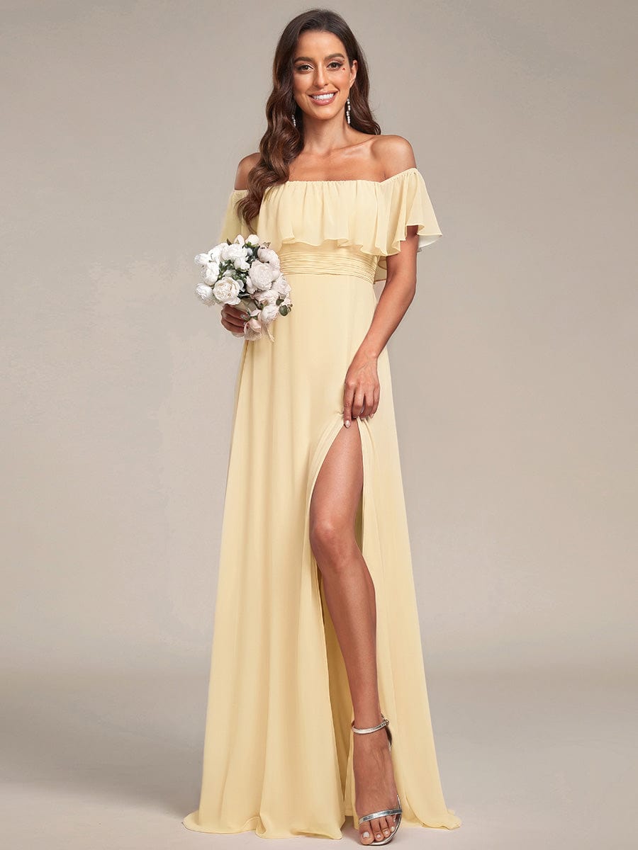 Off the Shoulder Ruffle Bodice Long Flowy Chiffon Bridesmaid Dress #color_Yellow