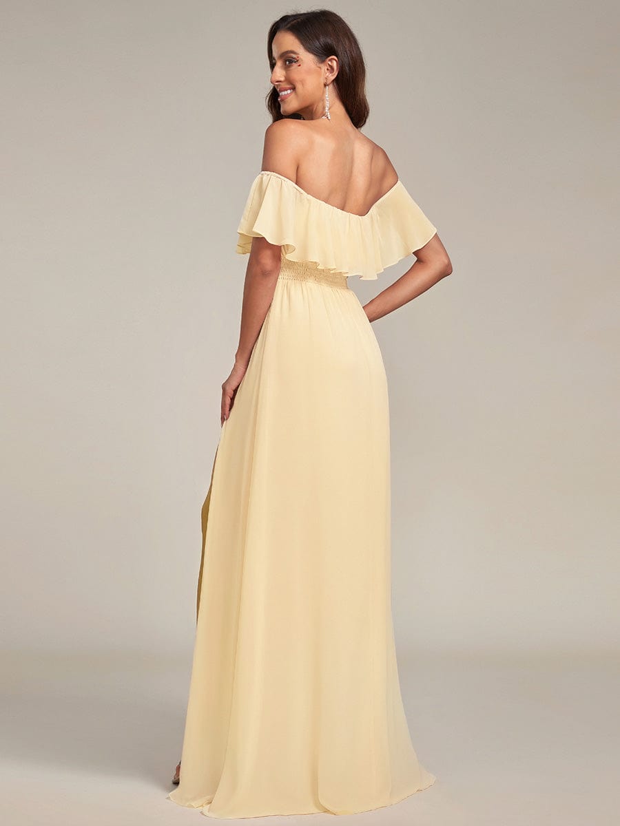 Off the Shoulder Ruffle Bodice Long Flowy Chiffon Bridesmaid Dress #color_Yellow