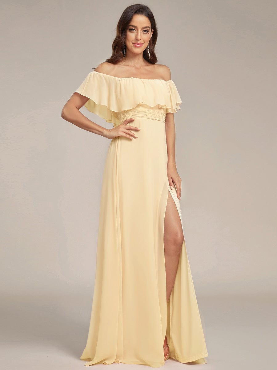 Off the Shoulder Ruffle Bodice Long Flowy Chiffon Bridesmaid Dress #color_Yellow