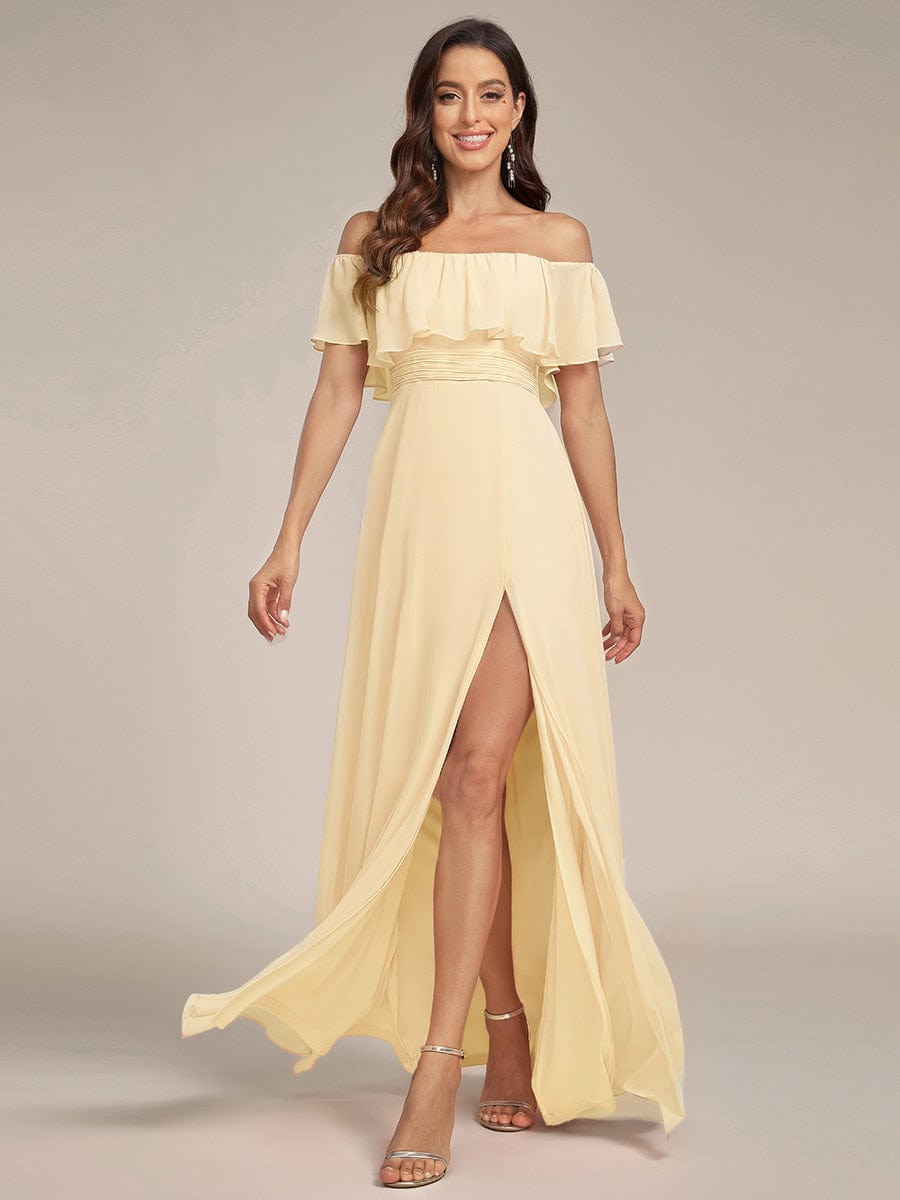 Off the Shoulder Ruffle Bodice Long Flowy Chiffon Bridesmaid Dress #color_Yellow