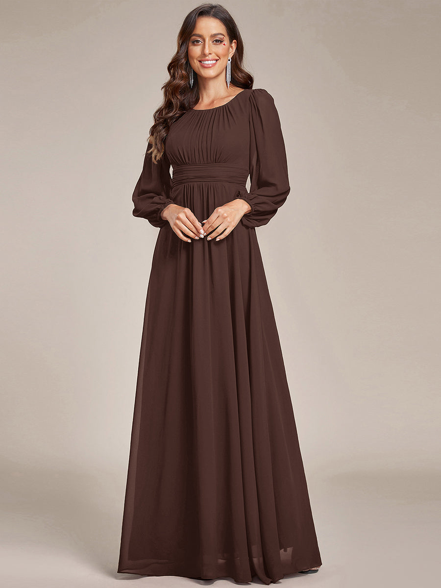 Chiffon Long Sleeve A-Line Round Neckline Formal Dress #color_Chocolate brown