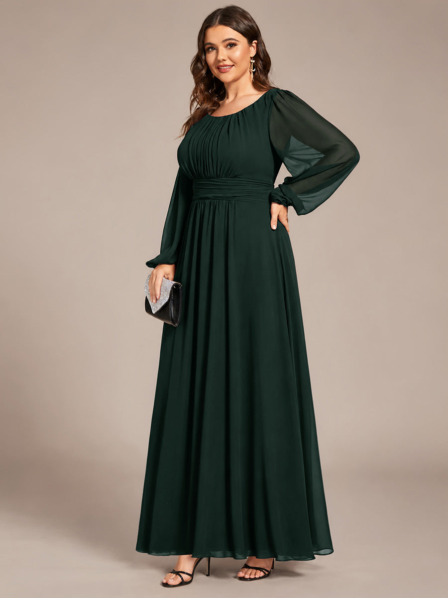 Chiffon Long Sleeve A-Line Round Neckline Formal Dress #color_Dark Forest Green
