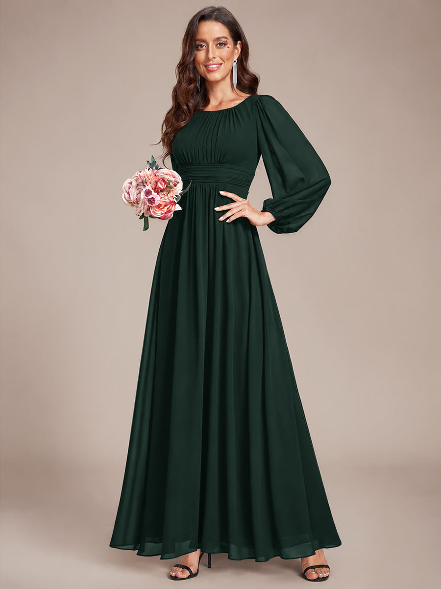 Chiffon Long Sleeve A-Line Round Neckline Formal Dress #color_Dark Forest Green