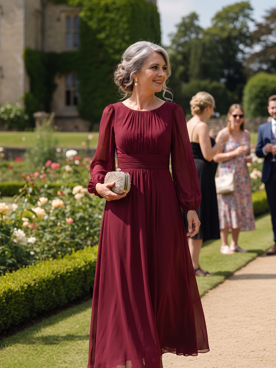 Chiffon High Empire Waist Puff Sleeve Bridesmaid Dress #color_Burgundy