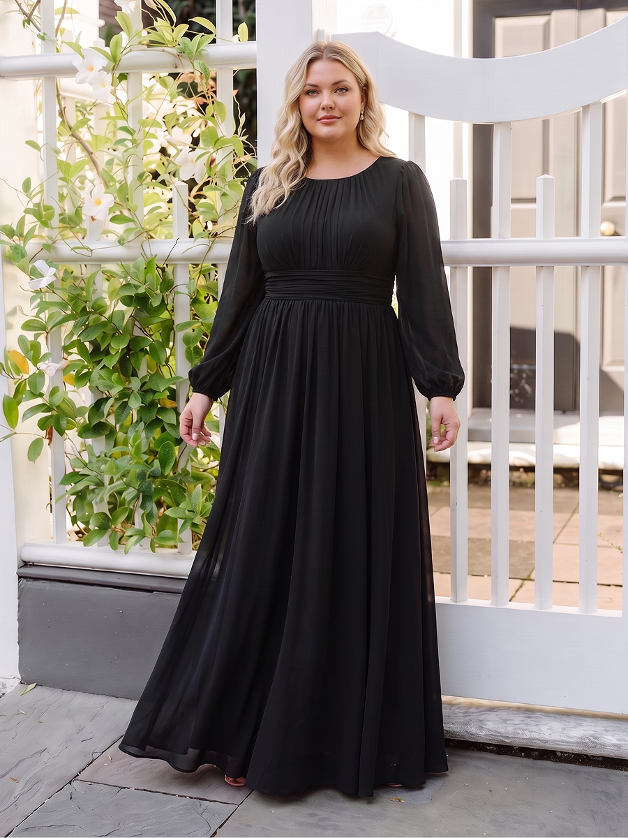See-Througth Puff Sleeve Chiffon Plus Size Bridesmaid Dress #color_Black