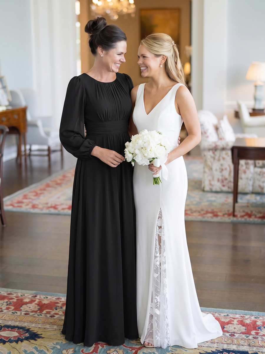 Chiffon High Empire Waist Puff Sleeve Bridesmaid Dress #color_Black