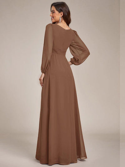 Chiffon High Empire Waist Puff Sleeve Bridesmaid Dress #color_Brown