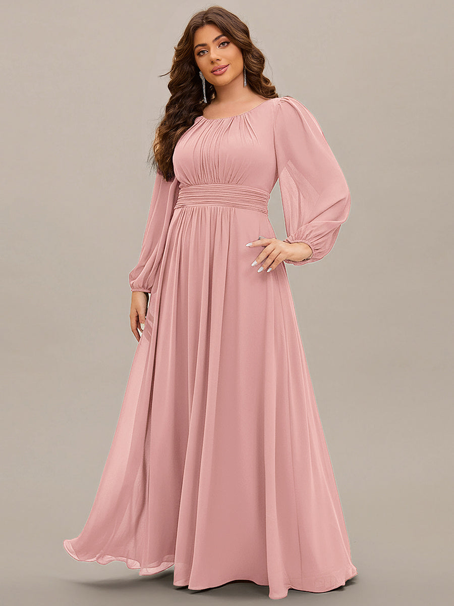 Chiffon Long Sleeve A-Line Round Neckline Formal Dress #color_Dusty Rose