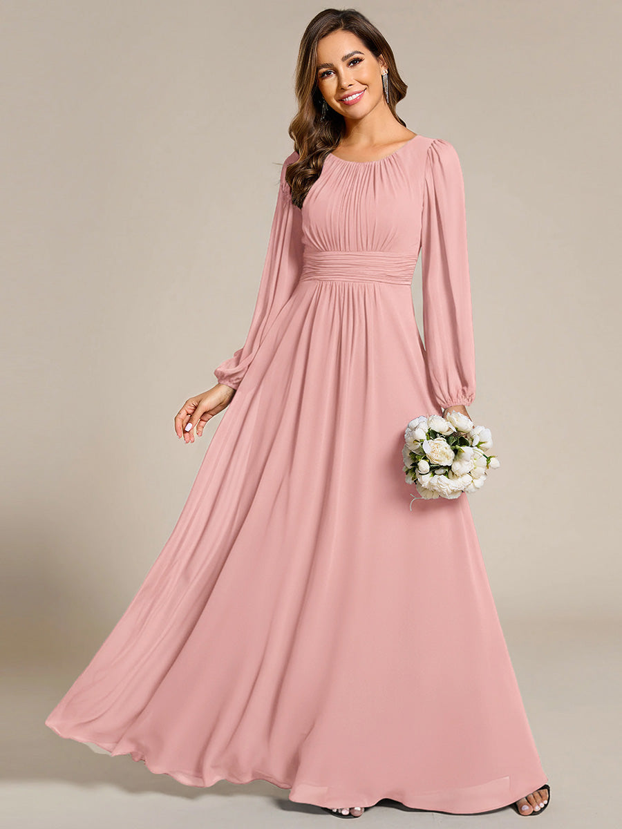 Chiffon Long Sleeve A-Line Round Neckline Formal Dress #color_Dusty Rose
