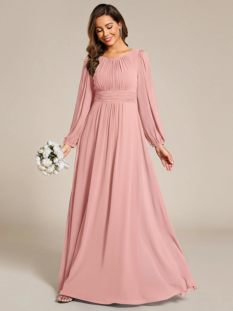 Chiffon Long Sleeve A-Line Round Neckline Formal Dress #color_Dusty Rose