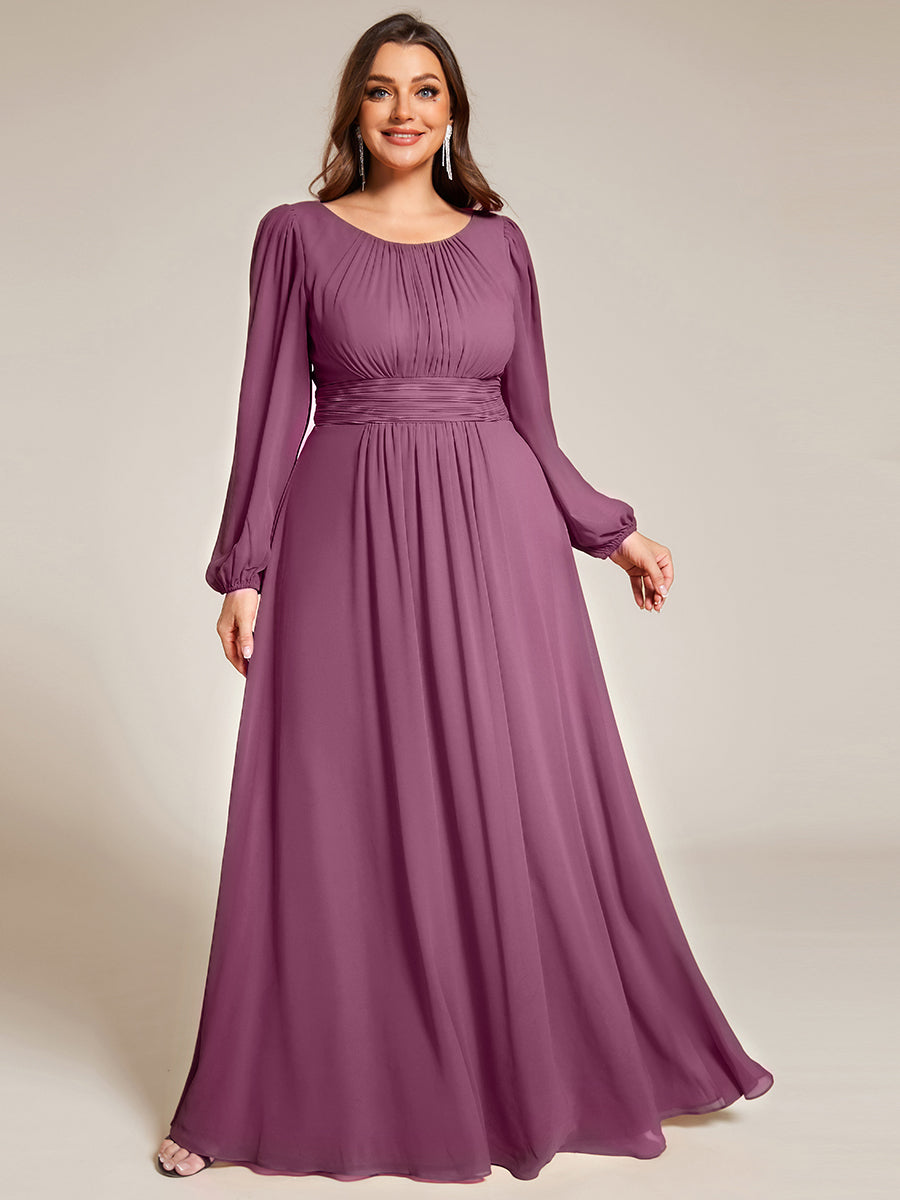 Chiffon Long Sleeve A-Line Round Neckline Formal Dress #color_Damson
