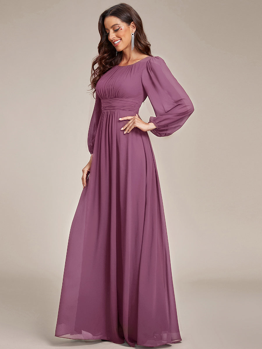 Chiffon Long Sleeve A-Line Round Neckline Formal Dress #color_Damson
