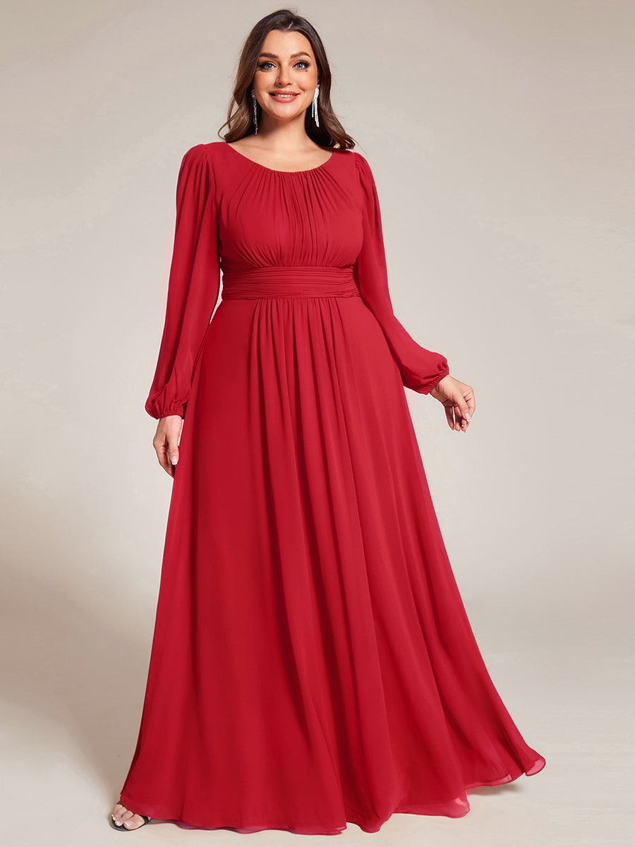 Chiffon Long Sleeve A-Line Round Neckline Formal Dress #color_Red