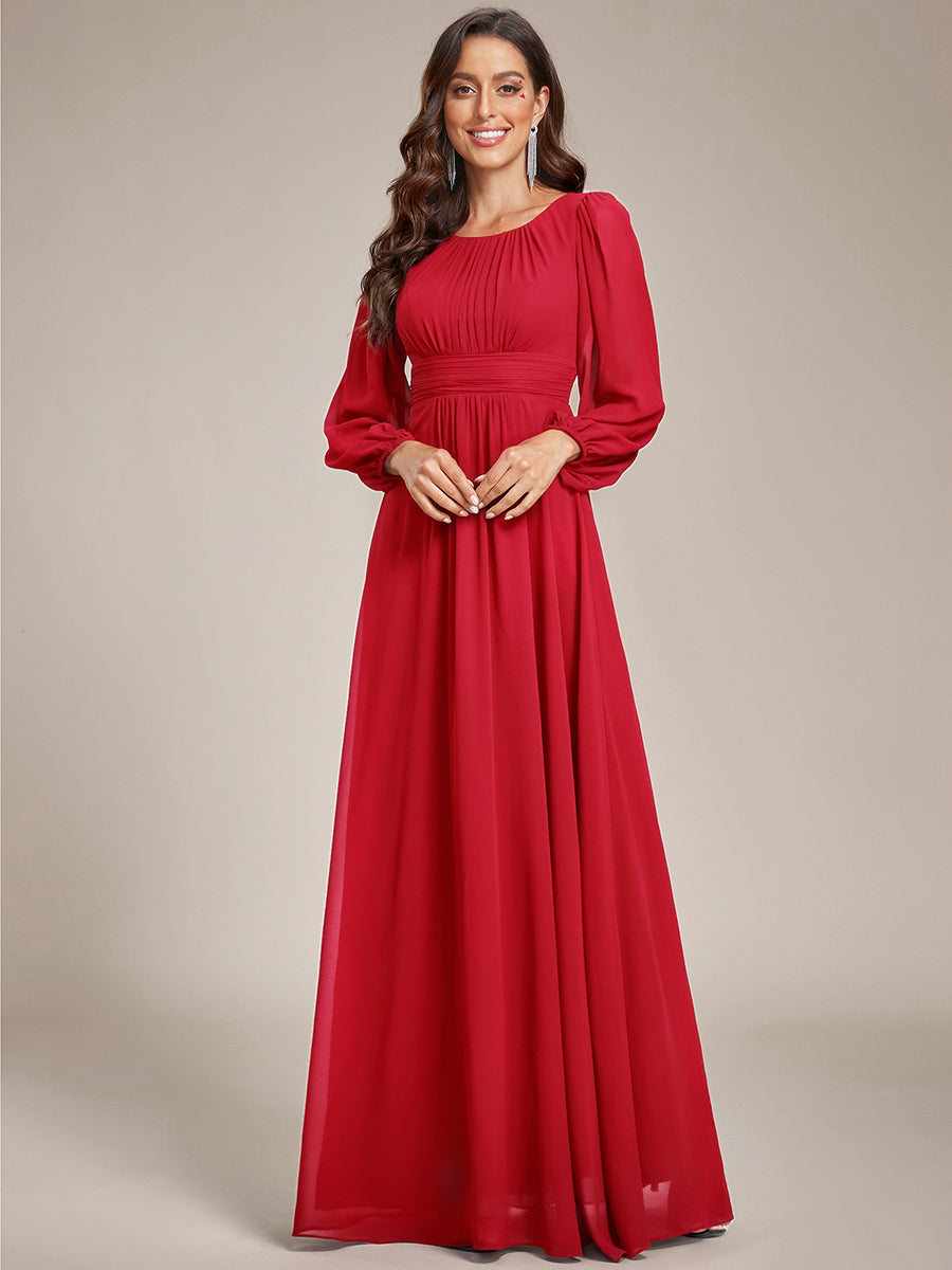 Chiffon Long Sleeve A-Line Round Neckline Formal Dress #color_Red