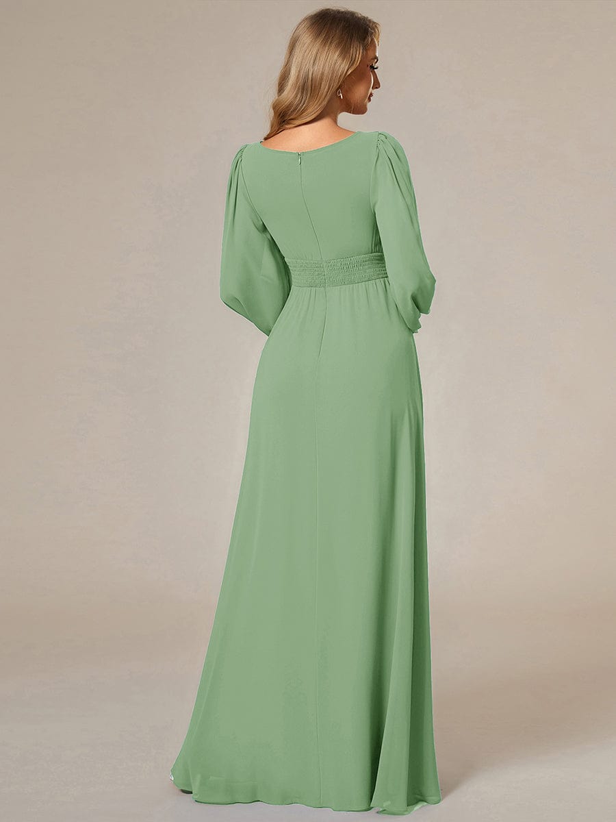 Chiffon Long Sleeve A-Line Round Neckline Formal Dress #color_Sage Green