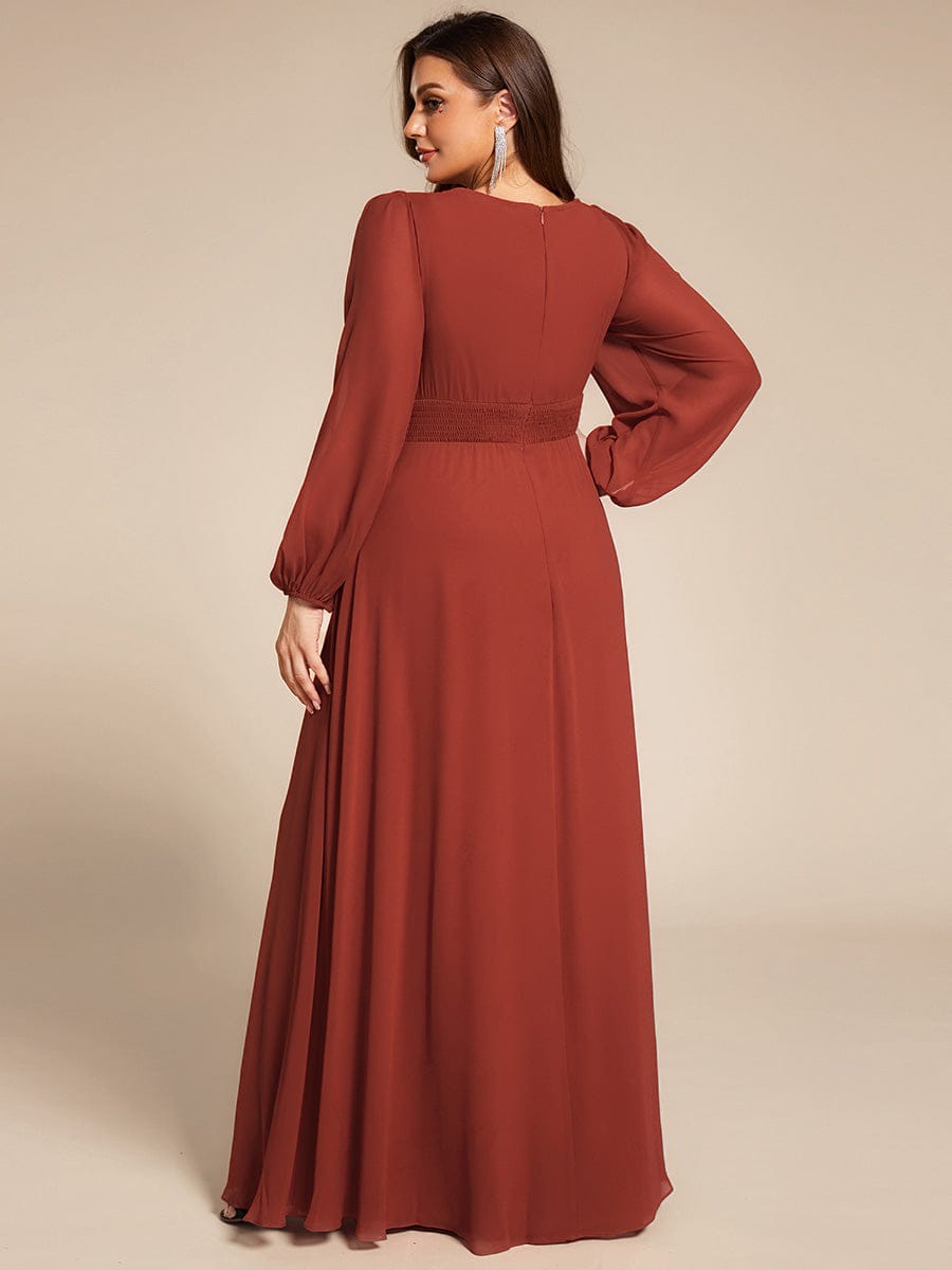See-Througth Puff Sleeve Chiffon Plus Size Bridesmaid Dress #color_Vermilion
