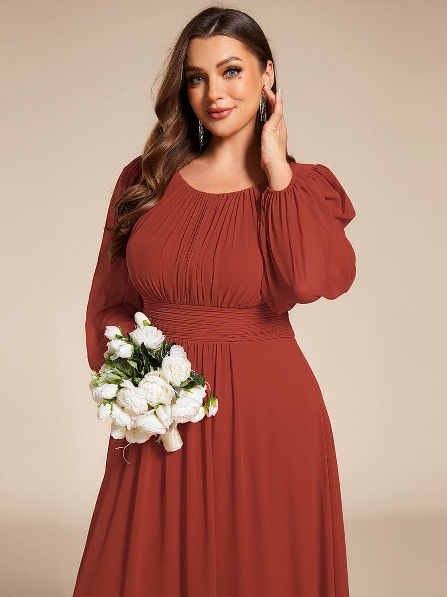 See-Througth Puff Sleeve Chiffon Plus Size Bridesmaid Dress #color_Vermilion