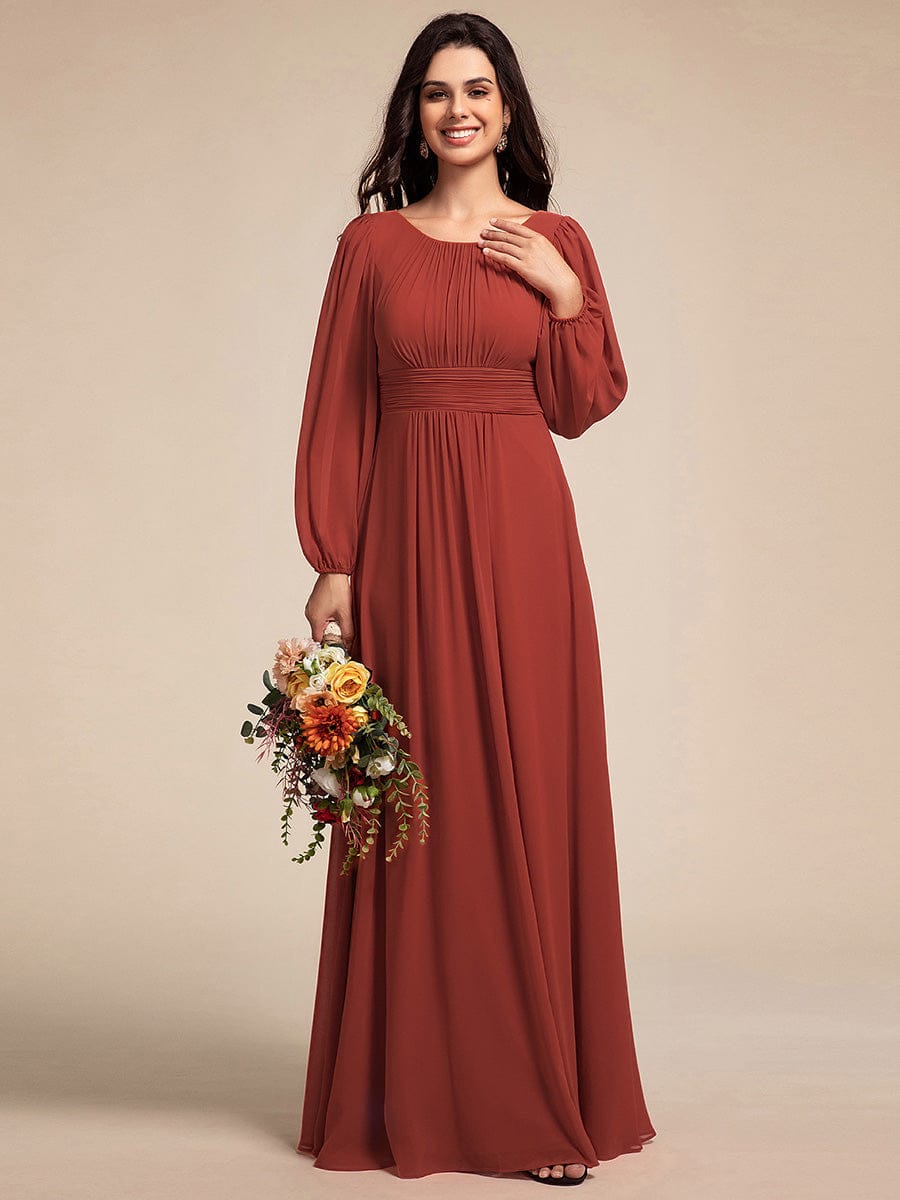 Chiffon Long Sleeve A-Line Round Neckline Formal Dress #color_Vermilion