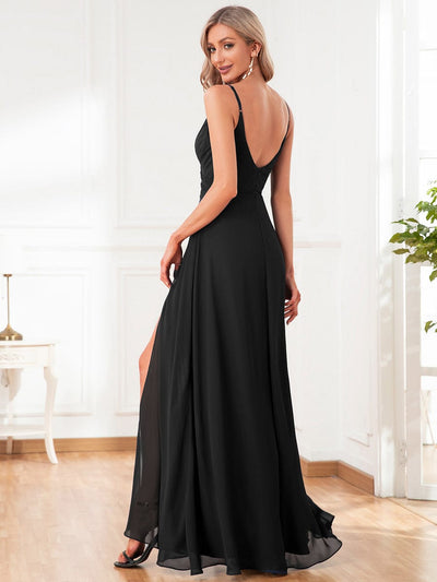 Pleated V-Neck Spaghetti Strap High Slit Bridesmaid Dress #color_Black