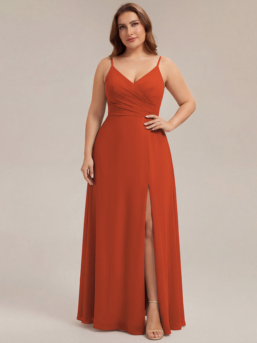 Pleated V-Neck Spaghetti Strap High Slit Bridesmaid Dress #color_Burnt Orange