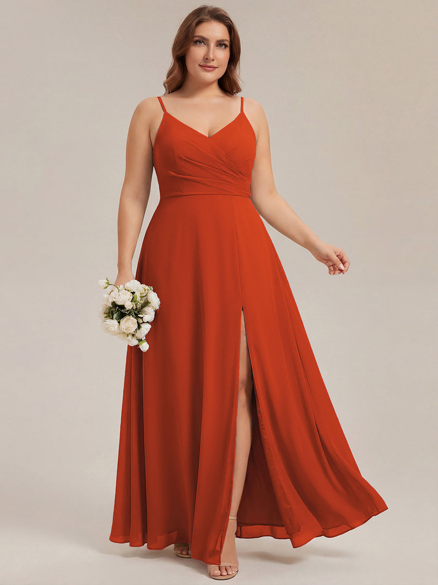 Pleated V-Neck Spaghetti Strap High Slit Bridesmaid Dress #color_Burnt Orange