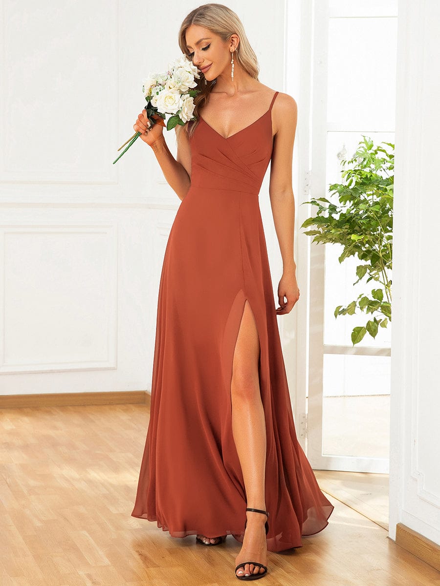 Pleated V-Neck Spaghetti Strap High Slit Bridesmaid Dress #color_Burnt Orange
