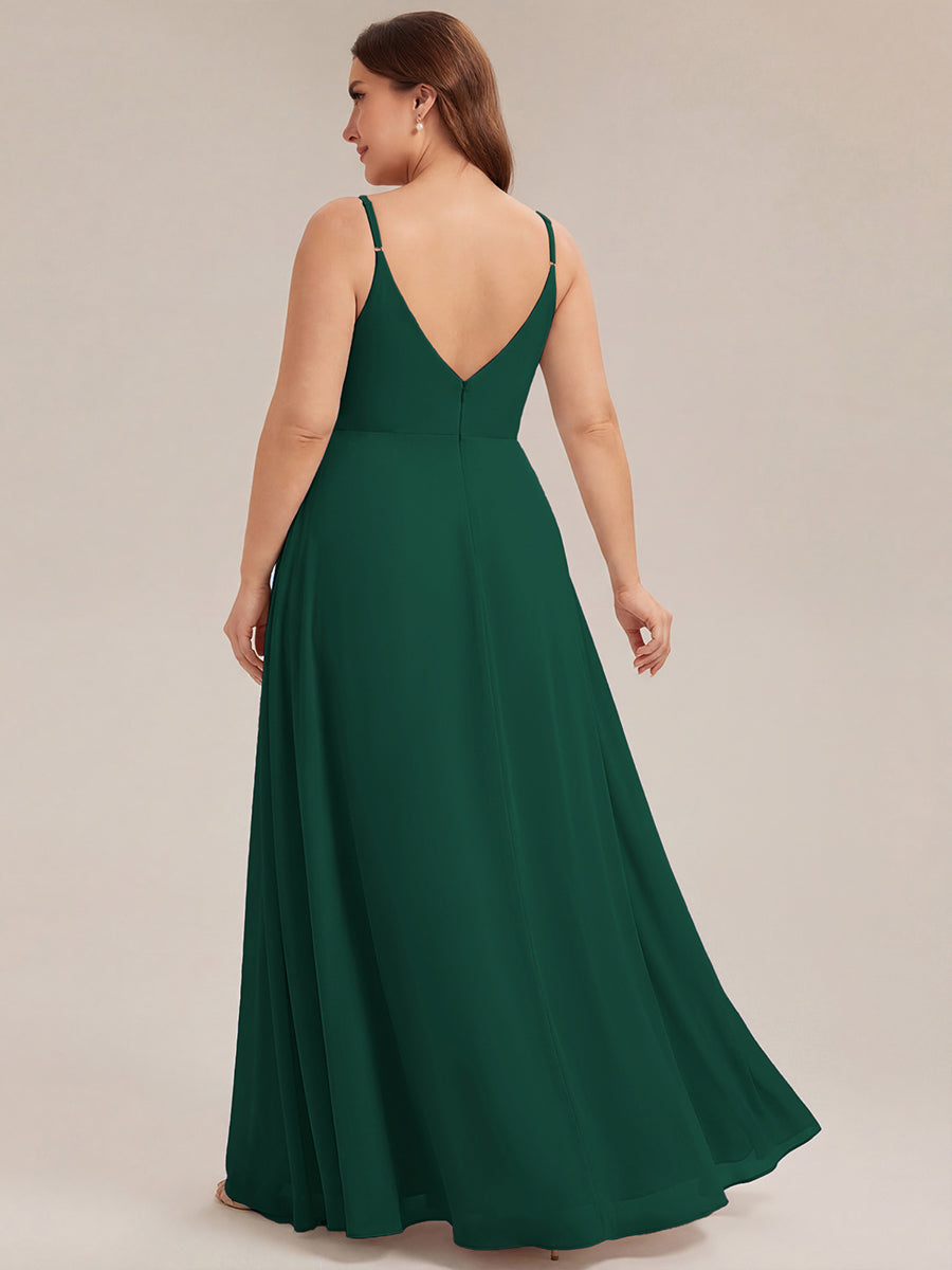 Pleated V-Neck Spaghetti Strap High Slit Bridesmaid Dress #color_Dark Green