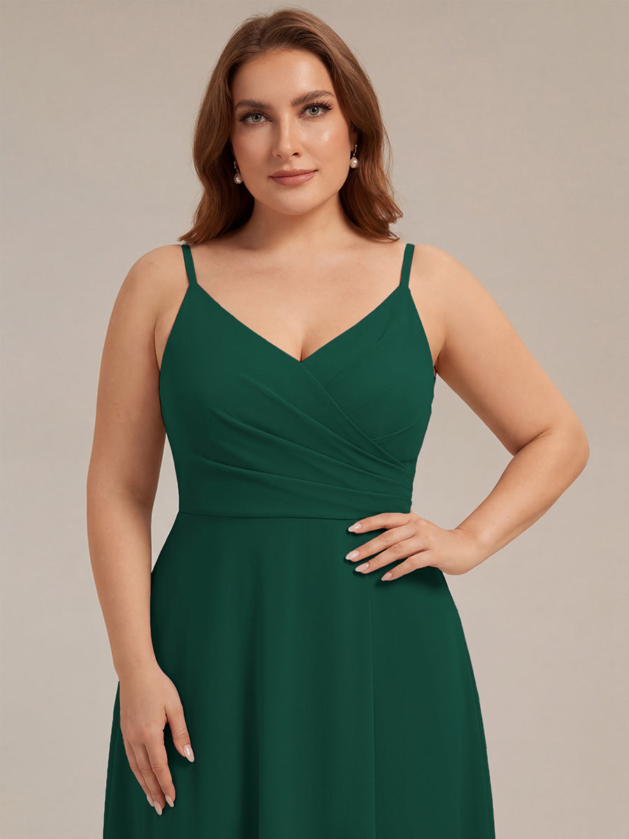 Pleated V-Neck Spaghetti Strap High Slit Bridesmaid Dress #color_Dark Green