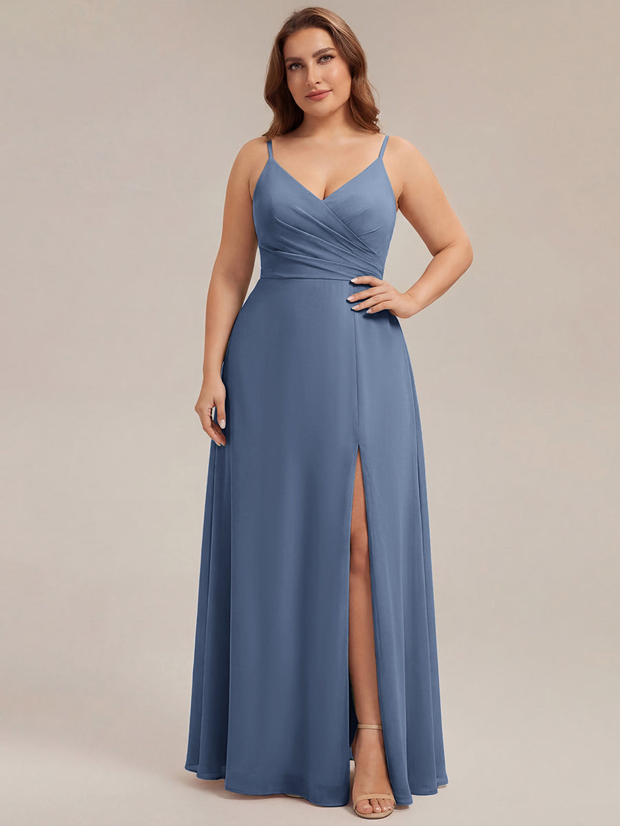 Pleated V-Neck Spaghetti Strap High Slit Bridesmaid Dress #color_Dusty Blue