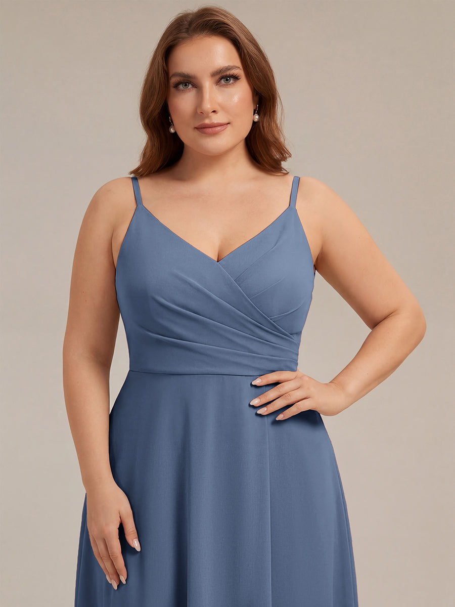 Pleated V-Neck Spaghetti Strap High Slit Bridesmaid Dress #color_Dusty Blue