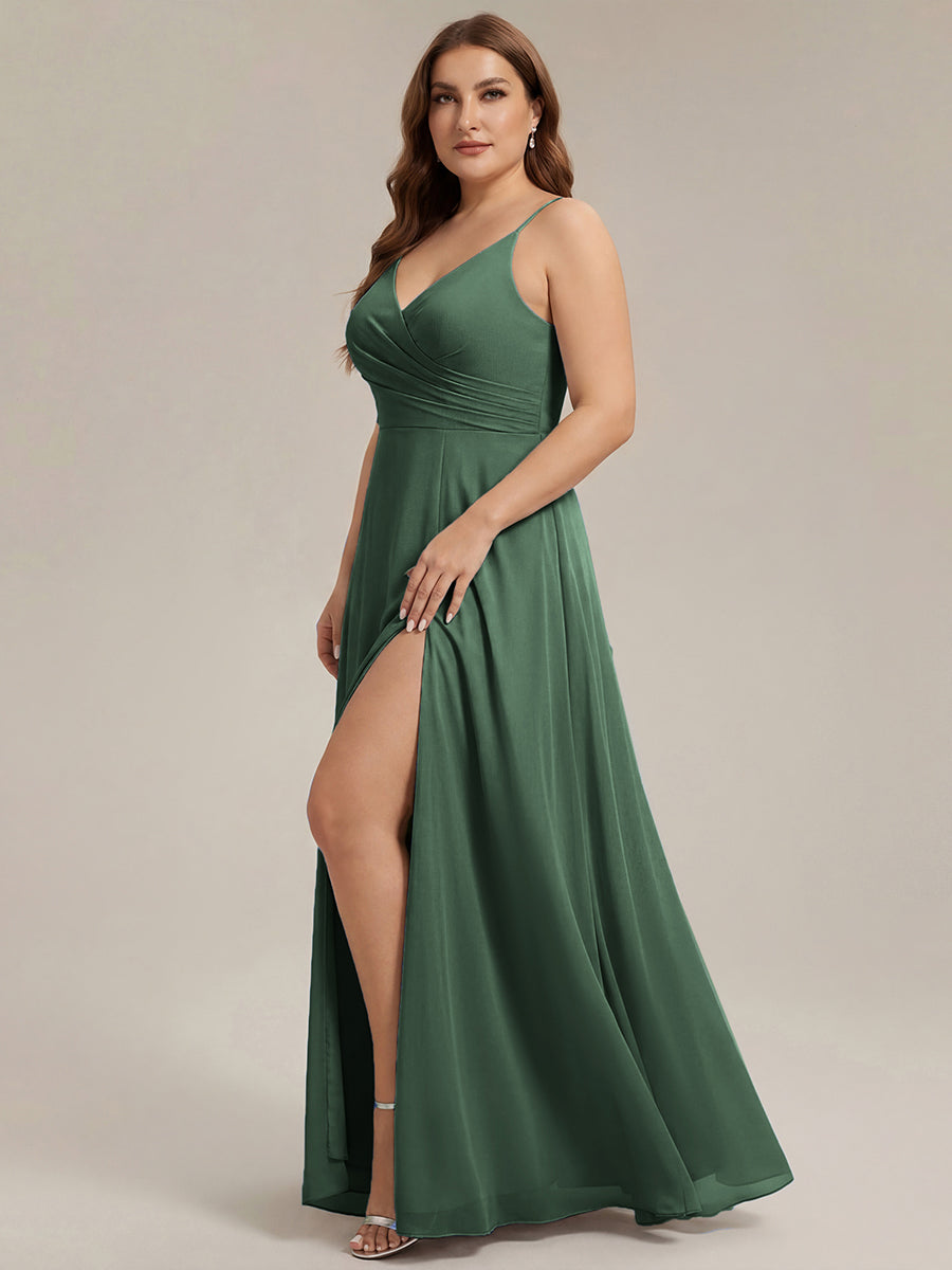 Pleated V-Neck Spaghetti Strap High Slit Bridesmaid Dress #color_Eucalyptus