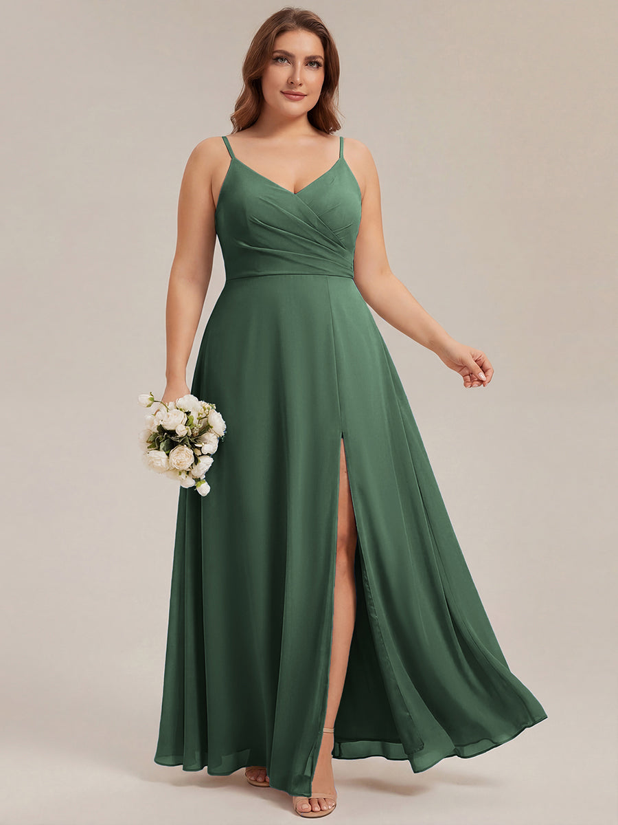 Pleated V-Neck Spaghetti Strap High Slit Bridesmaid Dress #color_Eucalyptus