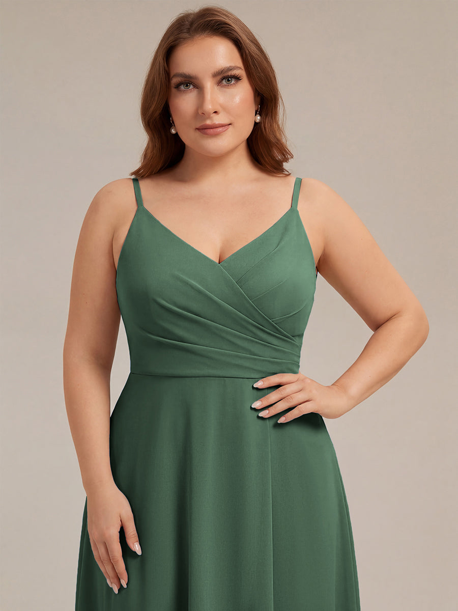 Pleated V-Neck Spaghetti Strap High Slit Bridesmaid Dress #color_Eucalyptus