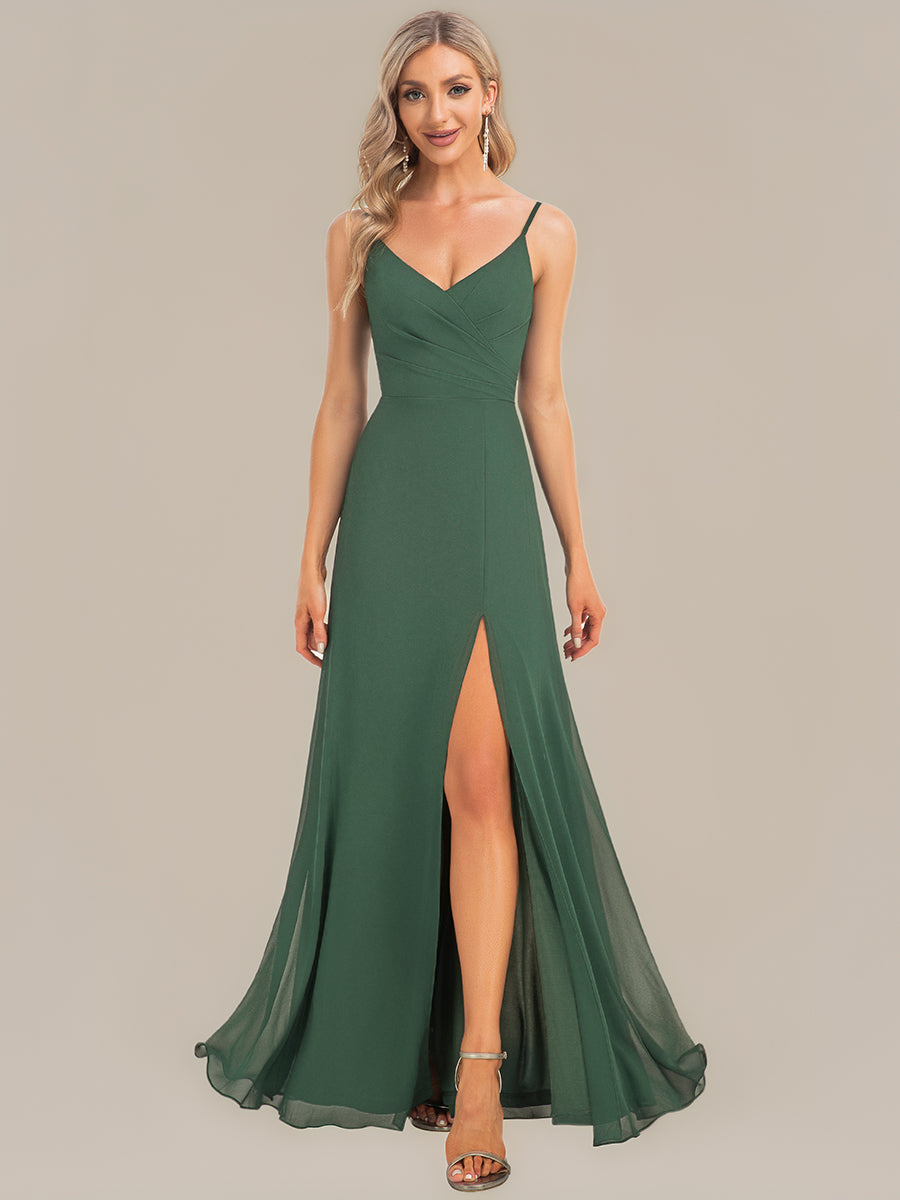 Pleated V-Neck Spaghetti Strap High Slit Bridesmaid Dress #color_Eucalyptus