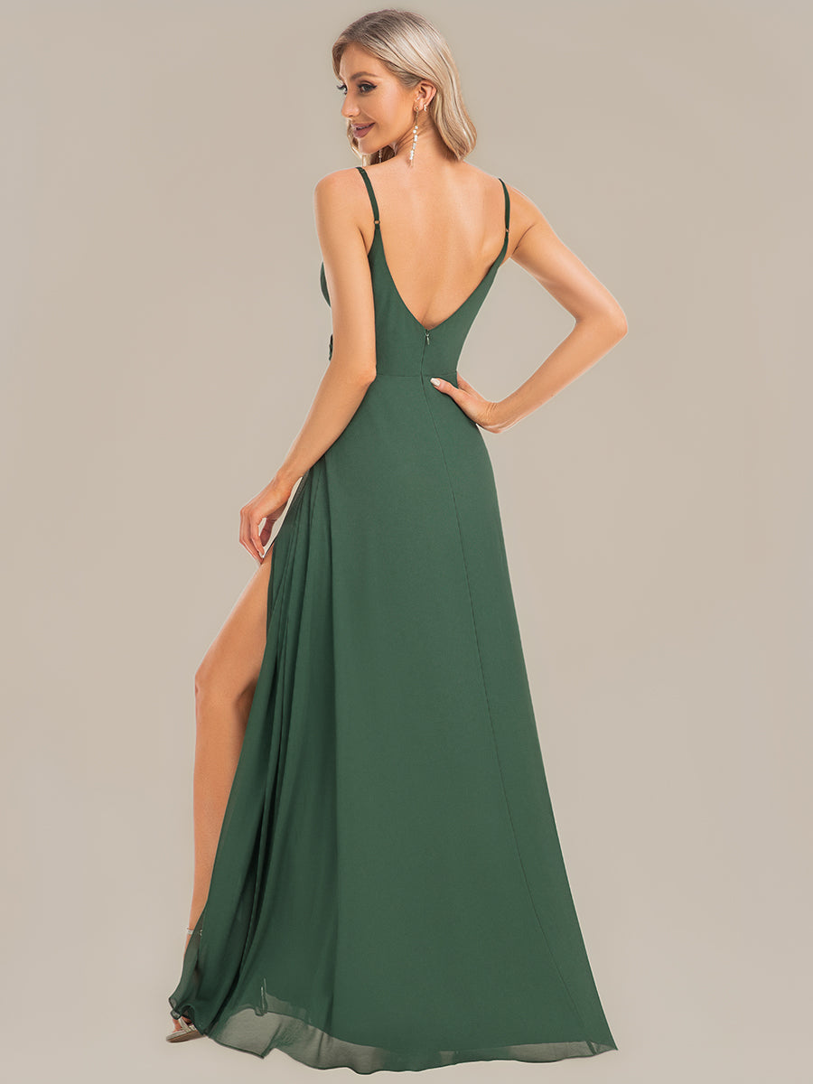 Pleated V-Neck Spaghetti Strap High Slit Bridesmaid Dress #color_Eucalyptus