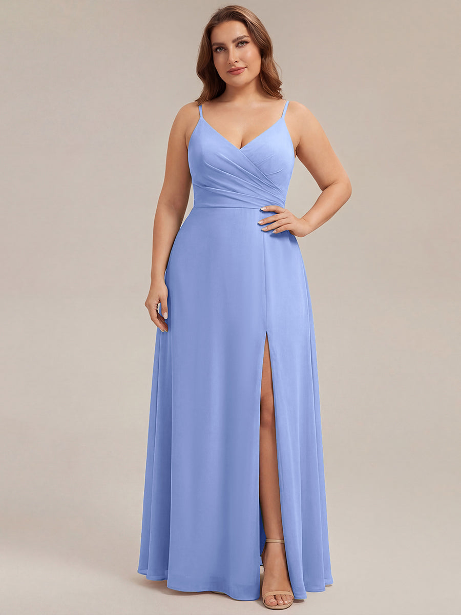 Pleated V-Neck Spaghetti Strap High Slit Bridesmaid Dress #color_CornflowerBlue