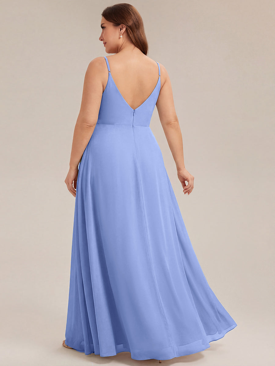 Pleated V-Neck Spaghetti Strap High Slit Bridesmaid Dress #color_CornflowerBlue
