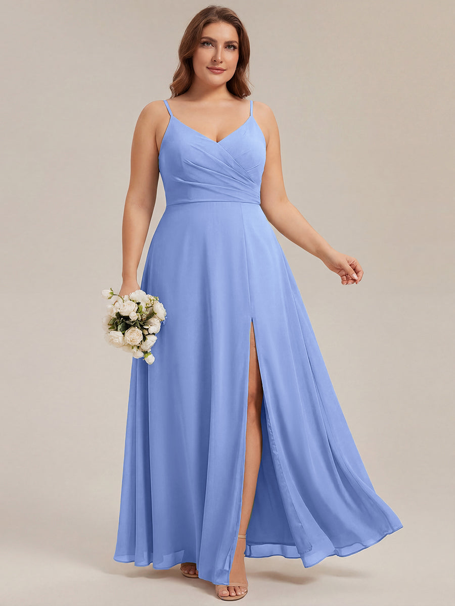 Pleated V-Neck Spaghetti Strap High Slit Bridesmaid Dress #color_CornflowerBlue