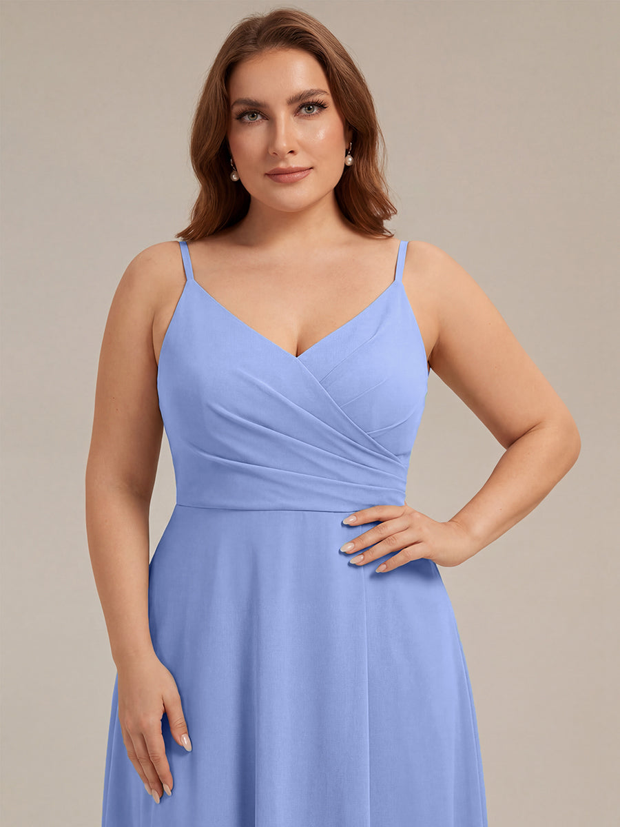 Pleated V-Neck Spaghetti Strap High Slit Bridesmaid Dress #color_CornflowerBlue
