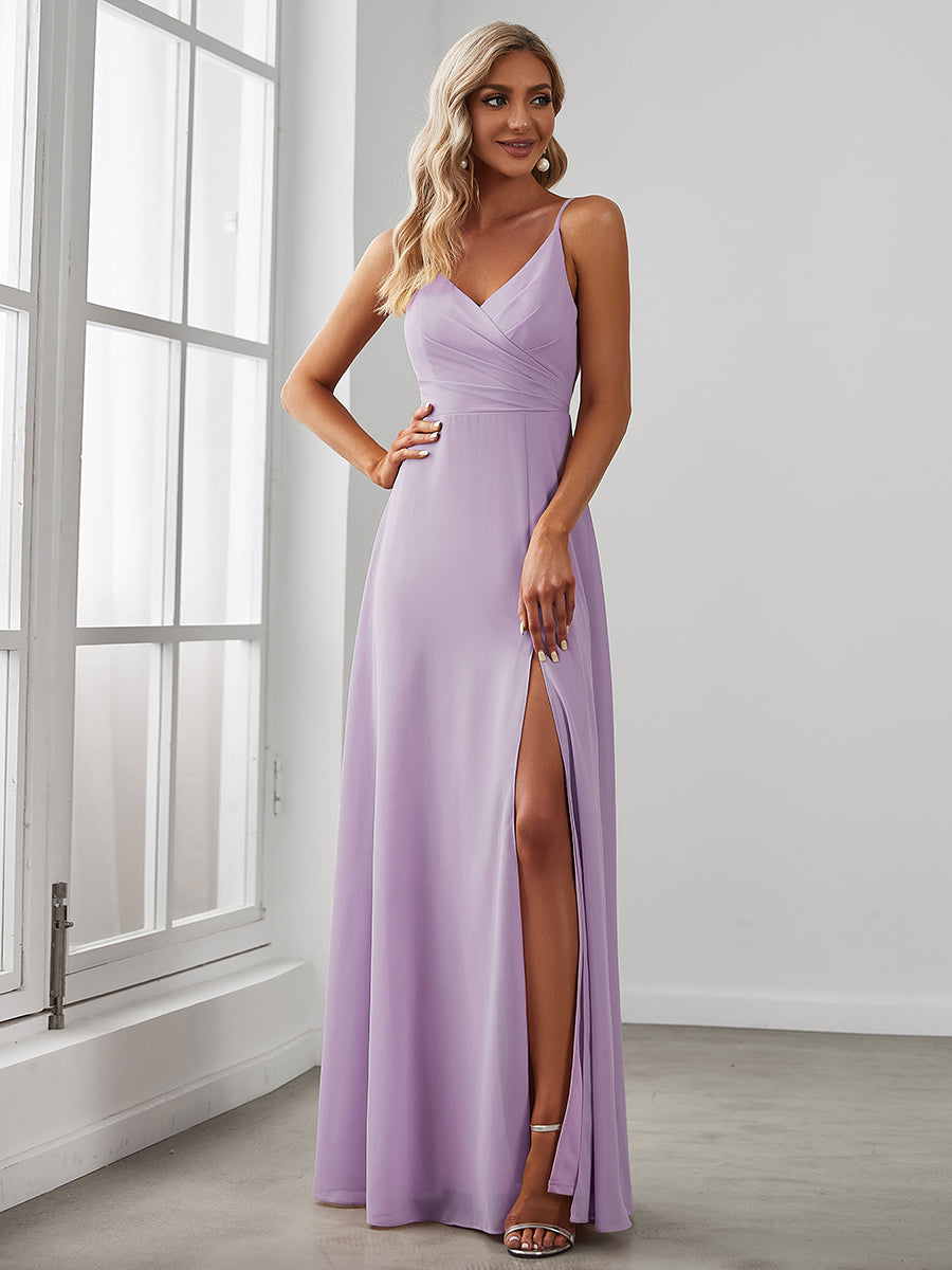 Pleated V-Neck Spaghetti Strap High Slit Bridesmaid Dress #color_Frosted Lilac