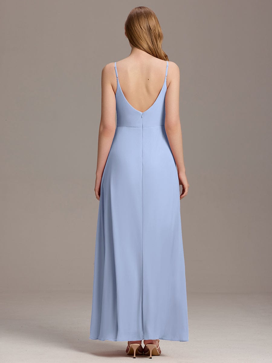 Pleated V-Neck Spaghetti Strap High Slit Bridesmaid Dress #color_Ice Blue