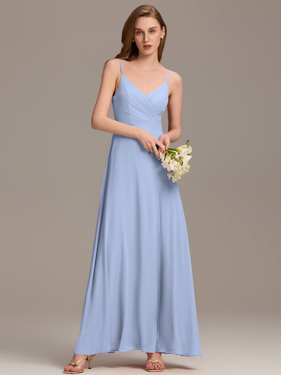 Pleated V-Neck Spaghetti Strap High Slit Bridesmaid Dress #color_Ice Blue