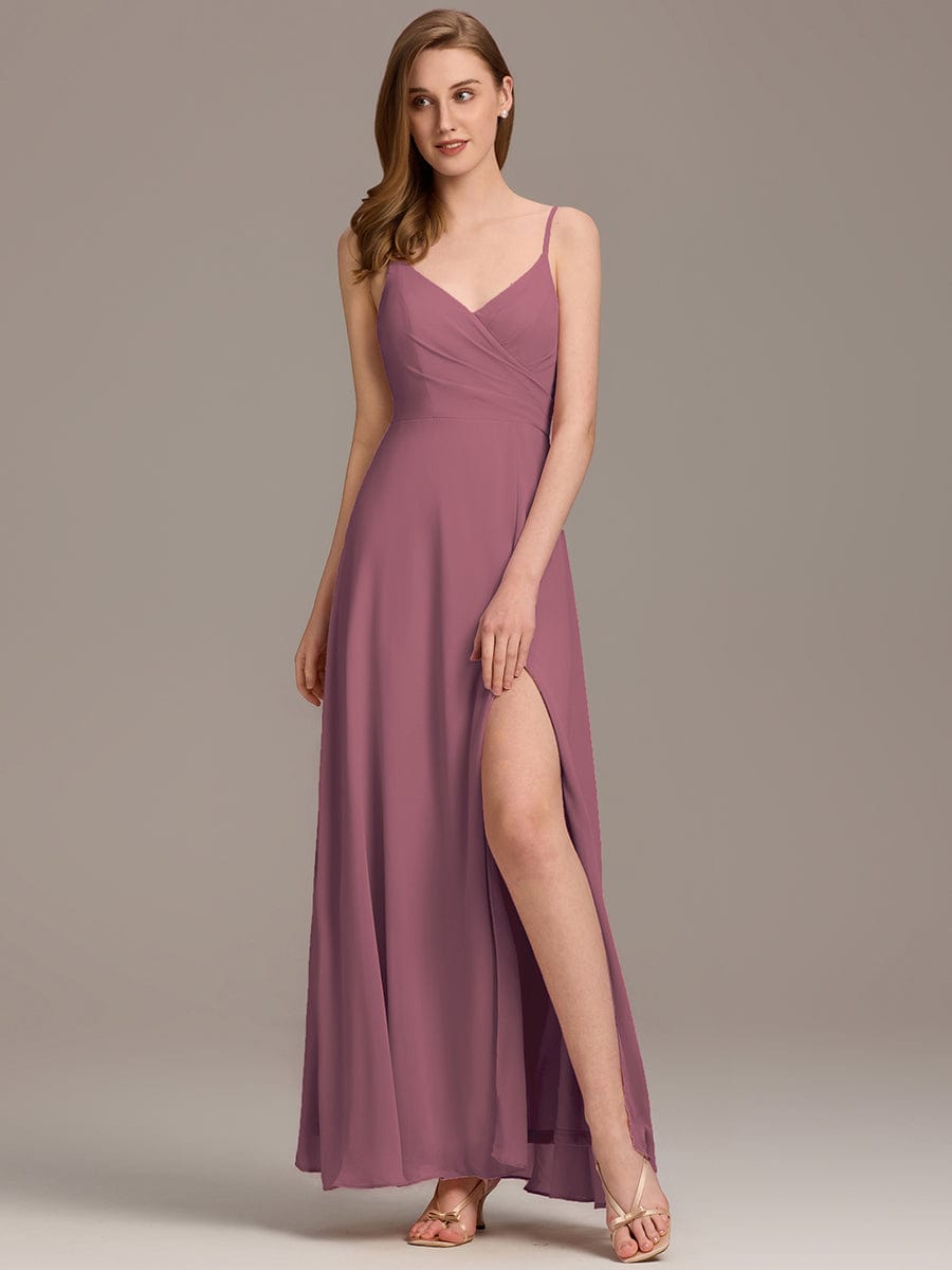 Pleated V-Neck Spaghetti Strap High Slit Bridesmaid Dress #color_Purple Orchid