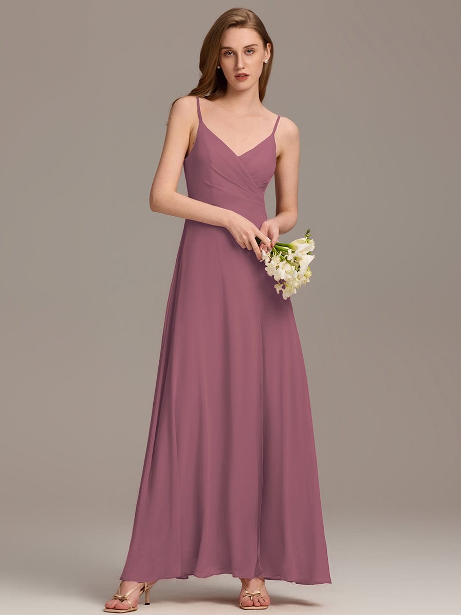 Pleated V-Neck Spaghetti Strap High Slit Bridesmaid Dress #color_Purple Orchid