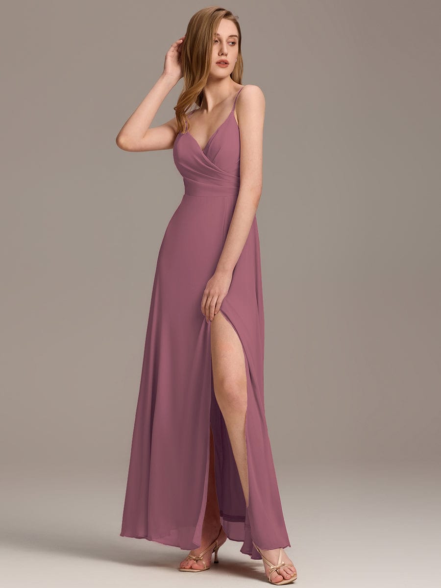 Pleated V-Neck Spaghetti Strap High Slit Bridesmaid Dress #color_Purple Orchid