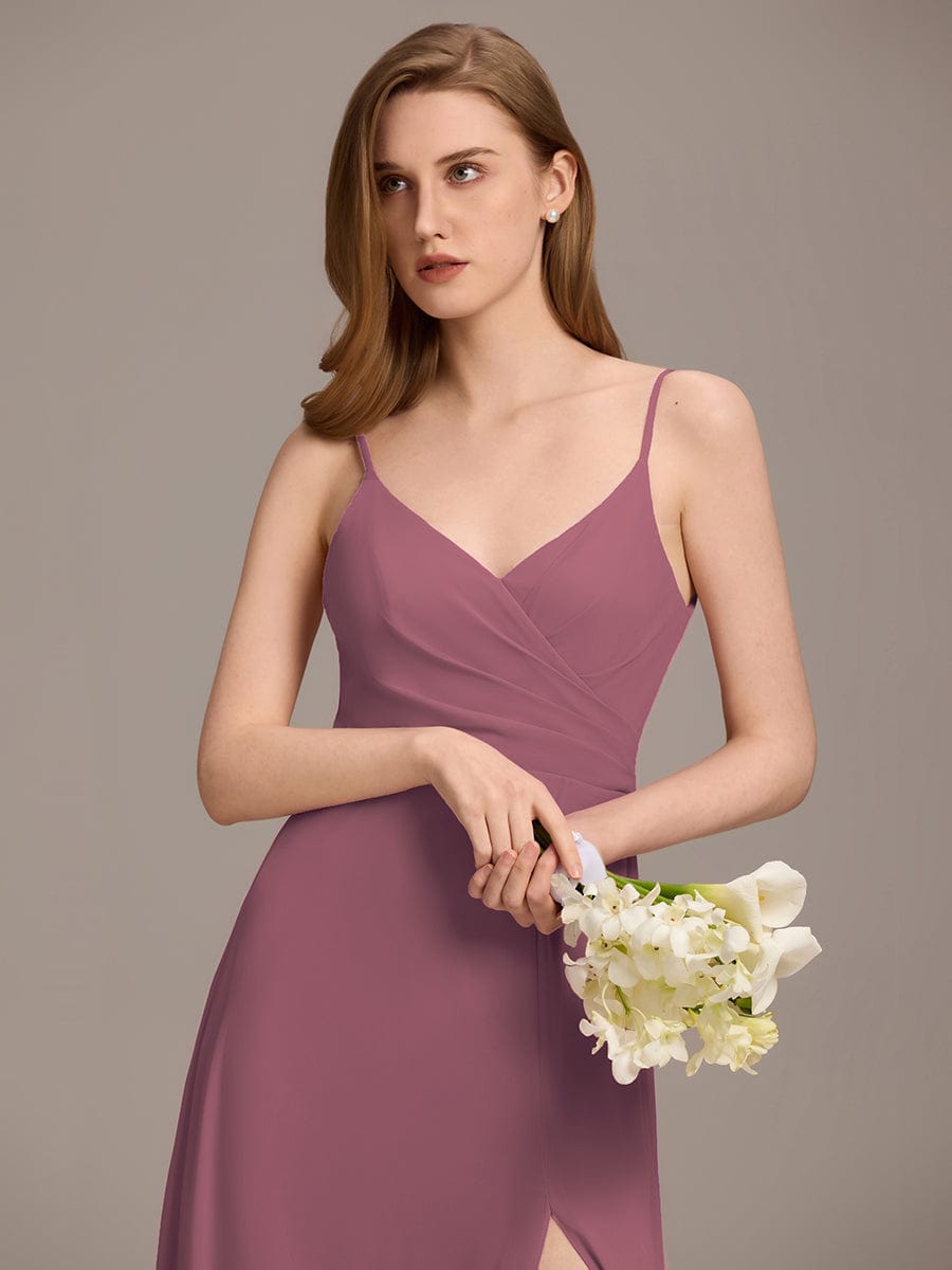 Pleated V-Neck Spaghetti Strap High Slit Bridesmaid Dress #color_Purple Orchid