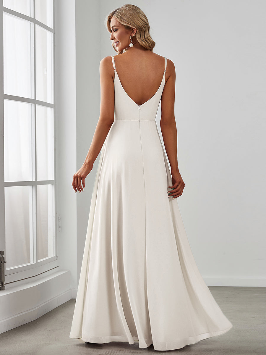 Pleated V-Neck Spaghetti Strap High Slit Bridesmaid Dress #color_White